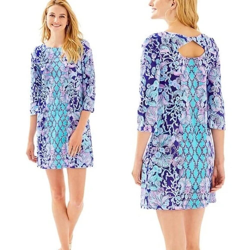 Lilly Pulitzer Blue Floral Printed Mini Dress 3/4 Sleeves Boatneck Women’s XXS